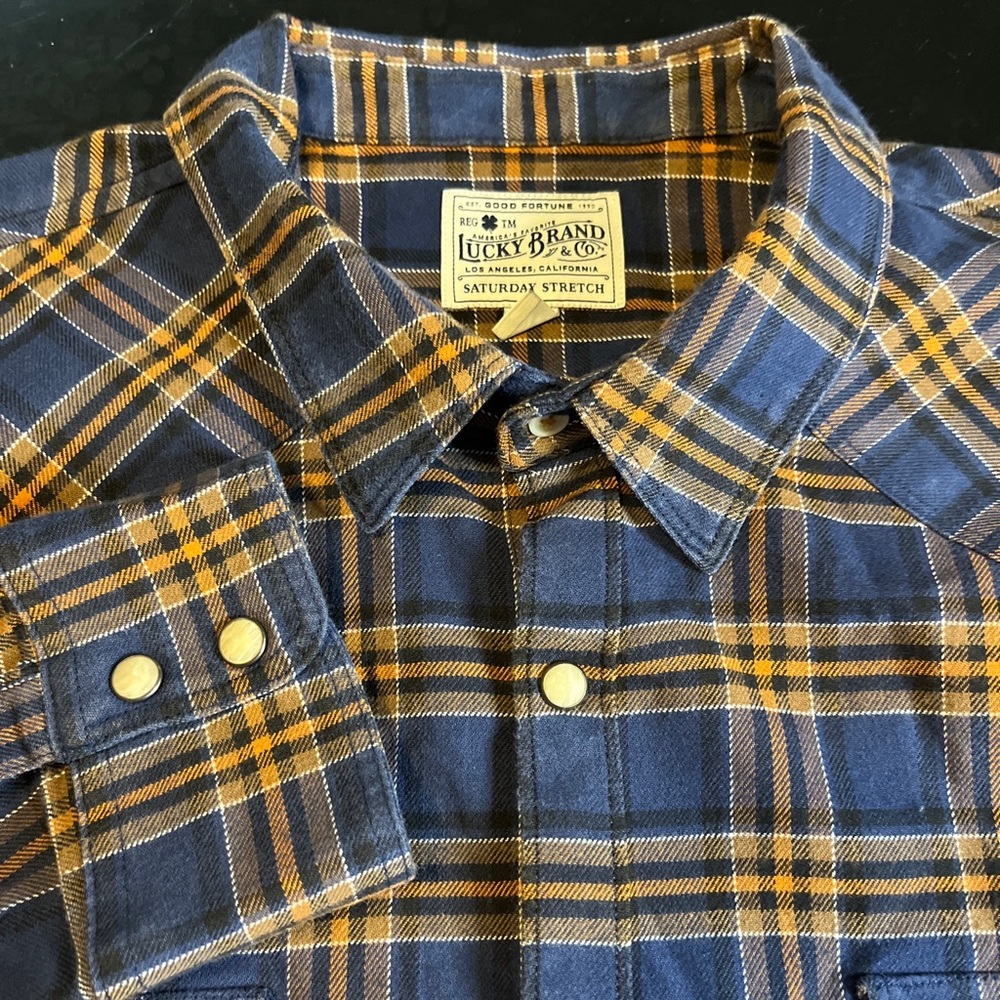 Men’s Lucky Brand Pearl Snap Long Sleeve Flannel Dual Pocket XXL Blue Orange